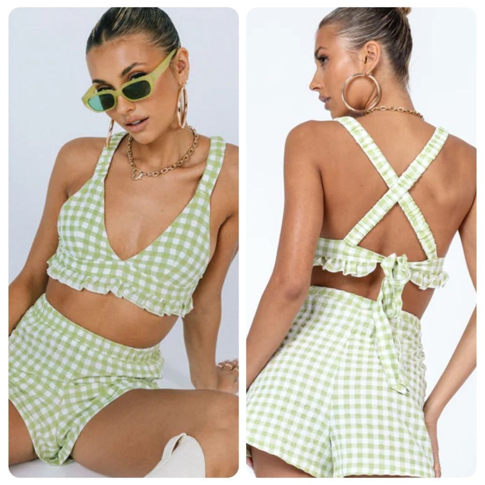 Princess Polly Green Gingham Tie-Back Crop Top